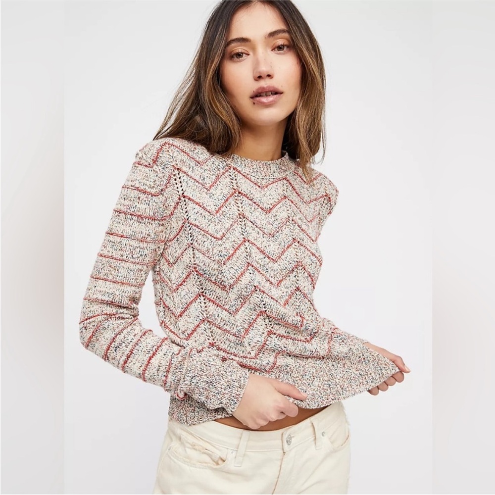 Free People Zig Zag Sweater Pullover Cotton Blend Slightly Cropped Size S